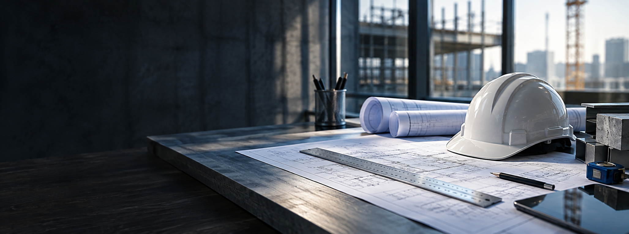 Architectural plans and construction safety equipment on a project planning table
